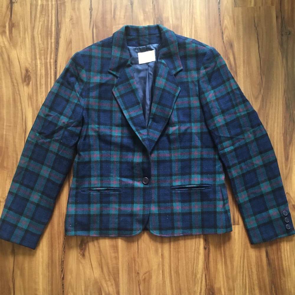 Pendleton wool vintage blue plaid blazer jacket S/M - Picture 1 of 9